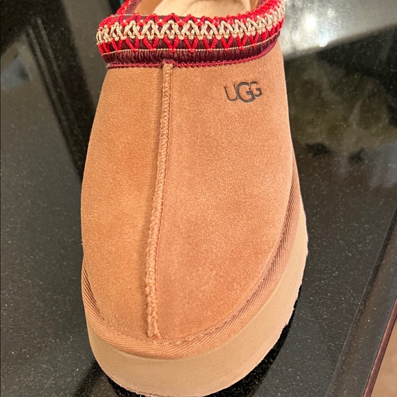 UGG Tasman II Chestnut Suede Slip-Ons with Red Patterned Trim platform slippers - Picture 5 of 15